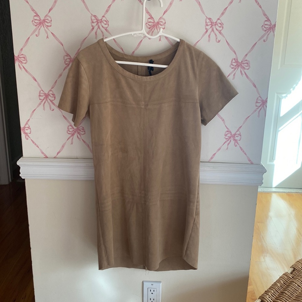 Short sleeve tan suede mini dress from olivaceous